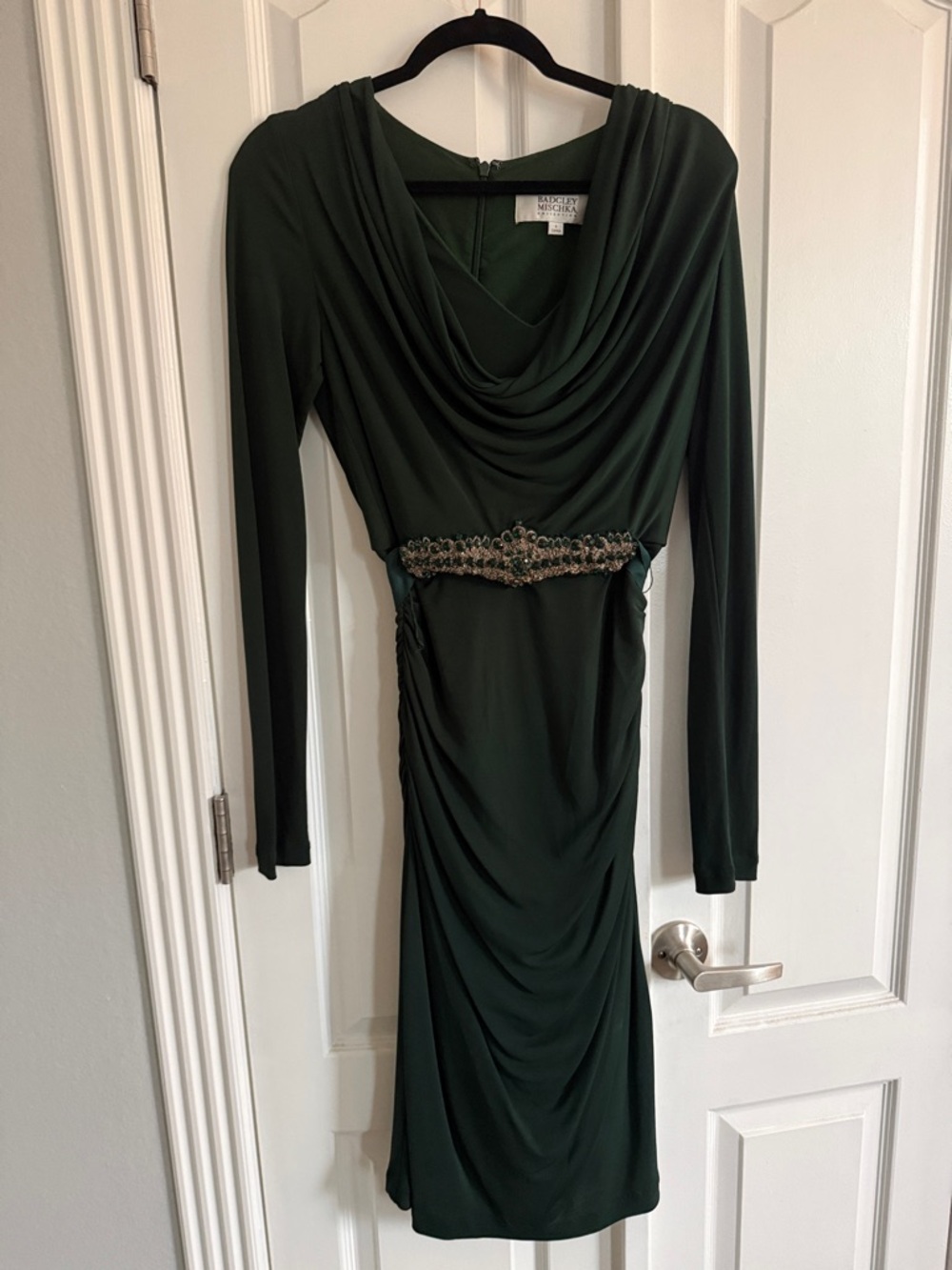 Badgley Mischka Dark Green Long-Sleeve Draped Dress with Jeweled Waist